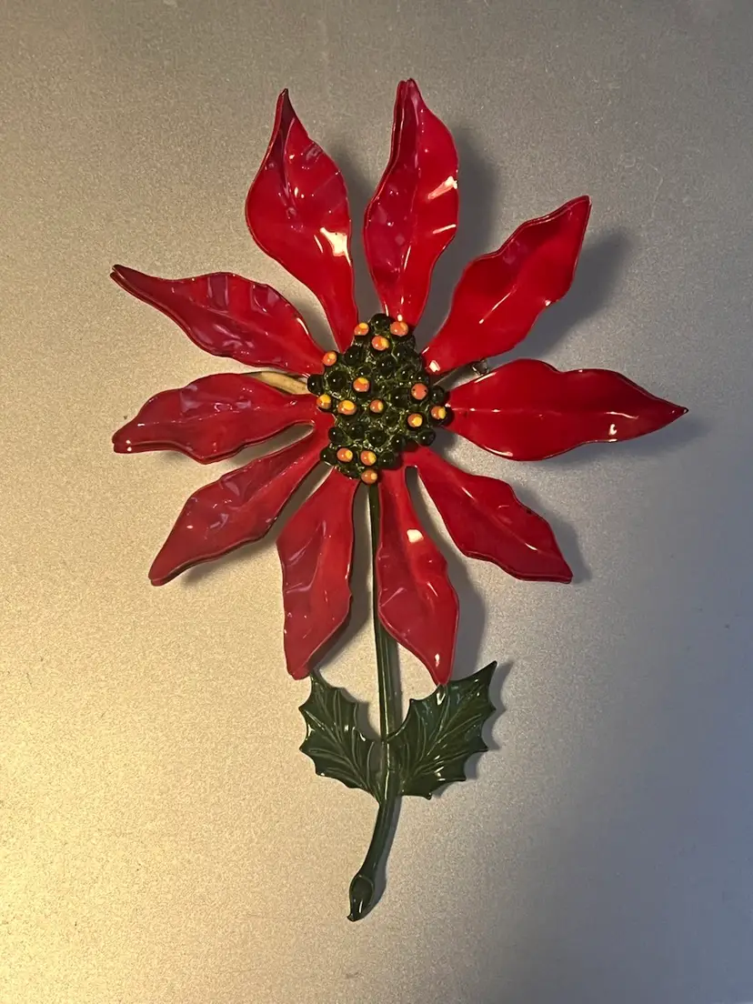 Vtg 60s Poinsettia 5” Large Pin Brooch Red Enamel Metal Floral Christmas Flower