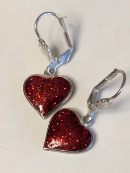 Sparkly Red Heart Dangle Earrings Silver Tone