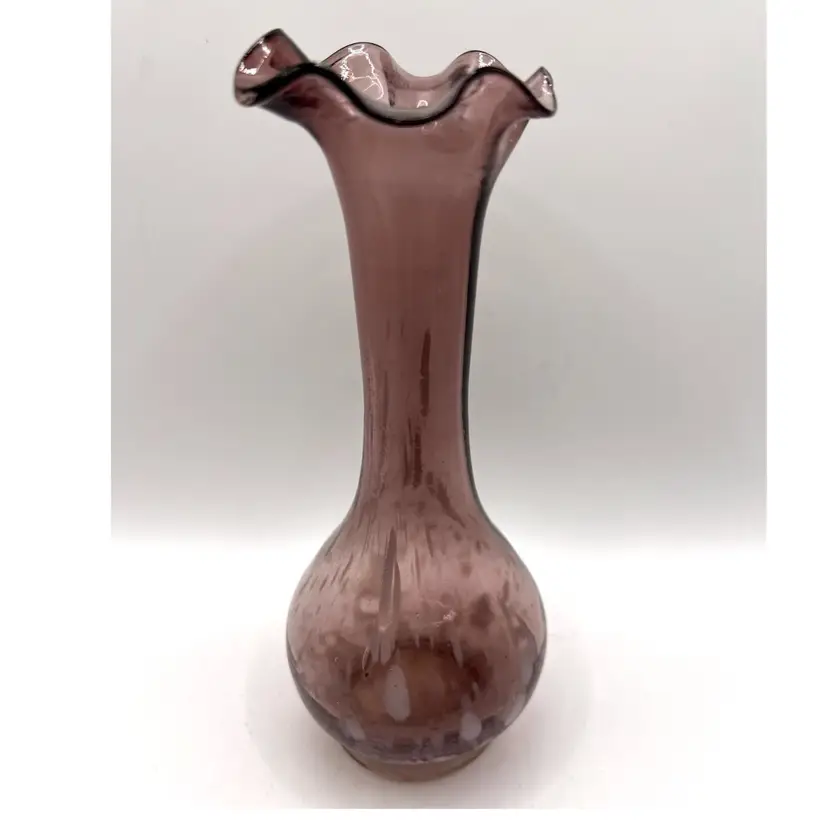 Purple Handblown Art Glass Bud Vase Ruffled Edges White Mottled 6.5 in Height