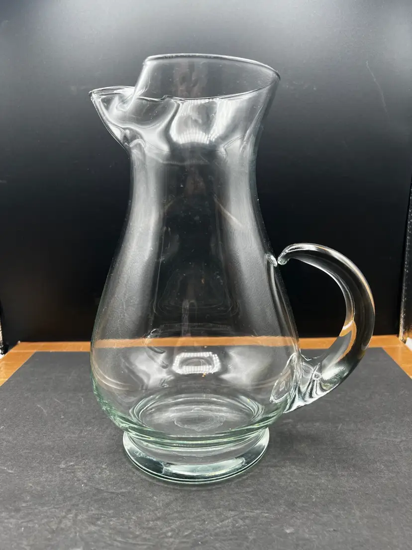 #770B Vintage Blown Glass Pitcher With Applied Floating Handle And Pinched Ice Lip