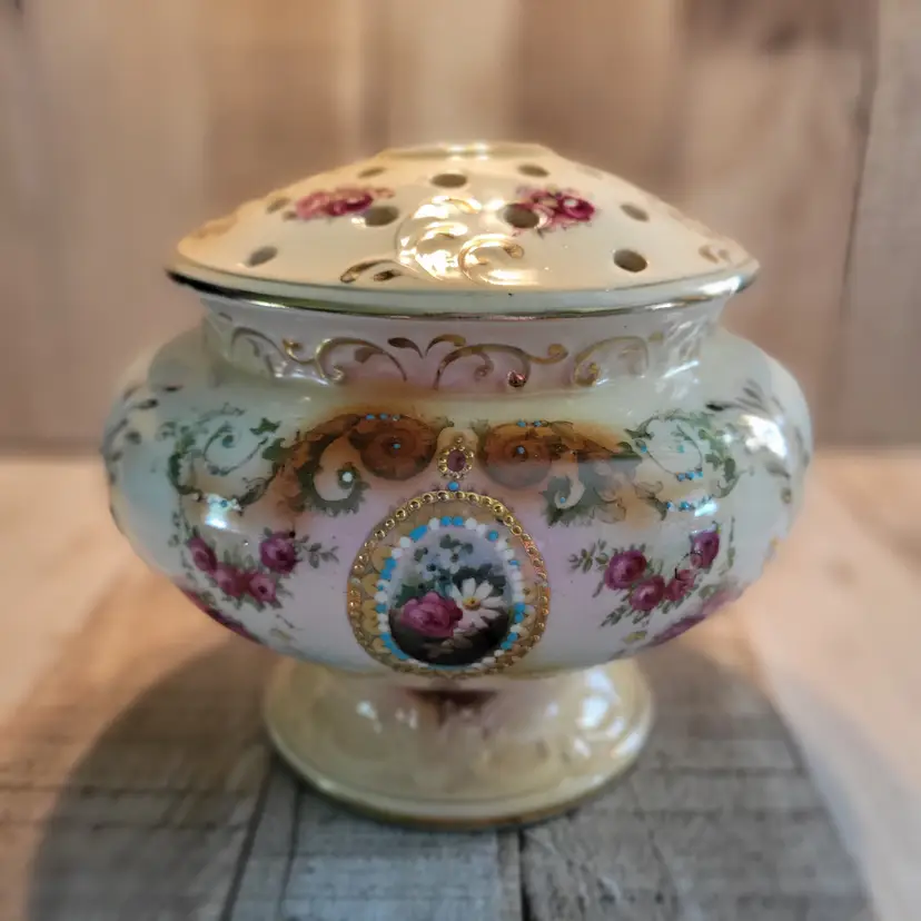 Vintage Crown Jewel England Moriage Rose Bowl Blush Ivory Flower Frog Arrange