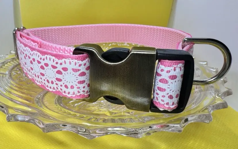 Dog Collar Pink With White Lace Print Large Handmade Heavy Duty  NEW