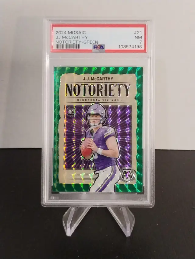 2024 Panini Mosaic J.J. McCarthy Notoriety Green RC - PSA 7