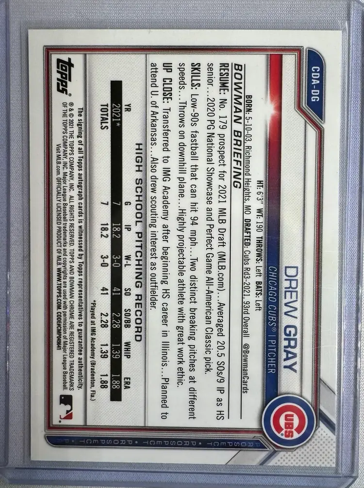 2021 Bowman Draft Drew Gray 1st Chrome Auto Chicago Cubs