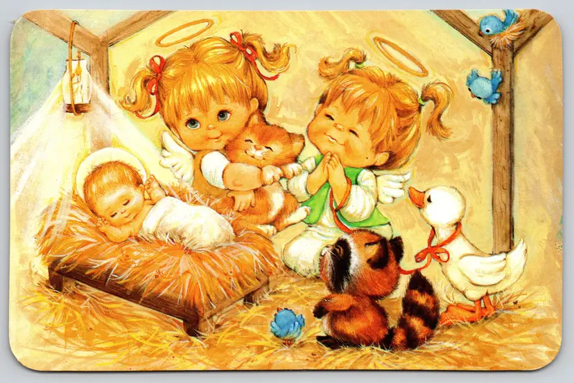Postcard Raccoon Duck Cat Nativity Scene Jesus and Baby Angels Christmas - 13078