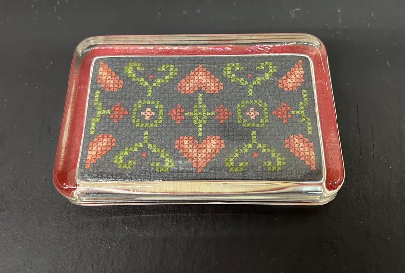 Vintage Cross Stitch Glass Paperweight, Heart Theme, Rectangular