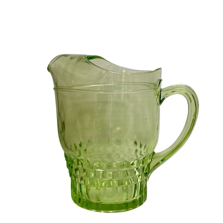 Vintage Pitcher W/Ice Lip Spout Anchor Hocking Uranium Windsor Green Glows 
7-1/2” T x 5-1/2” W