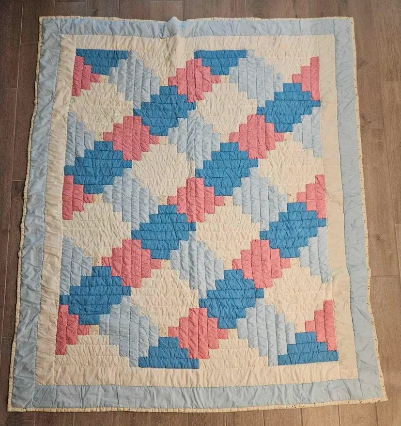 #204 Hand Made Pink & Blue Log Cabin Variation Patchwork Quilt