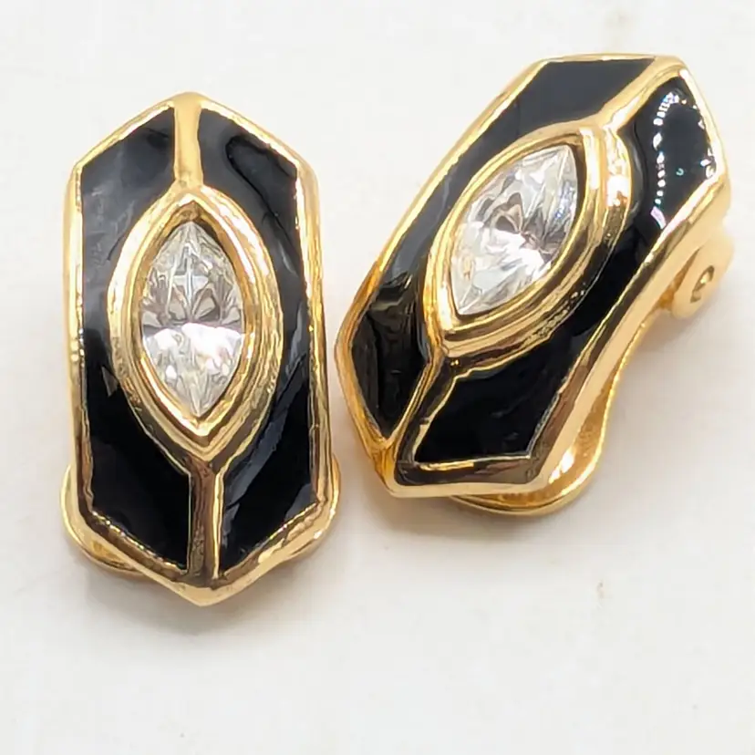 Vintage Gold Tone Rhinestone Black Enamel Clip-On Earrings