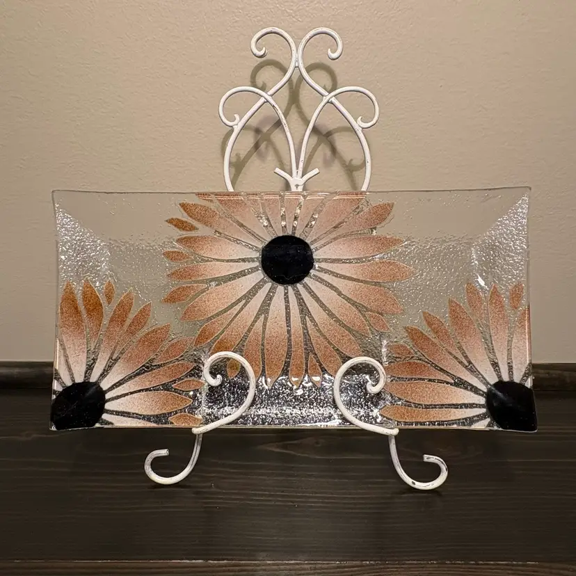 Sydenstricker Black Eyed Susan Flowers Fused Art Glass Rectangle Plate Tray 12”x 6” with Sydenstricker Story. Signed
