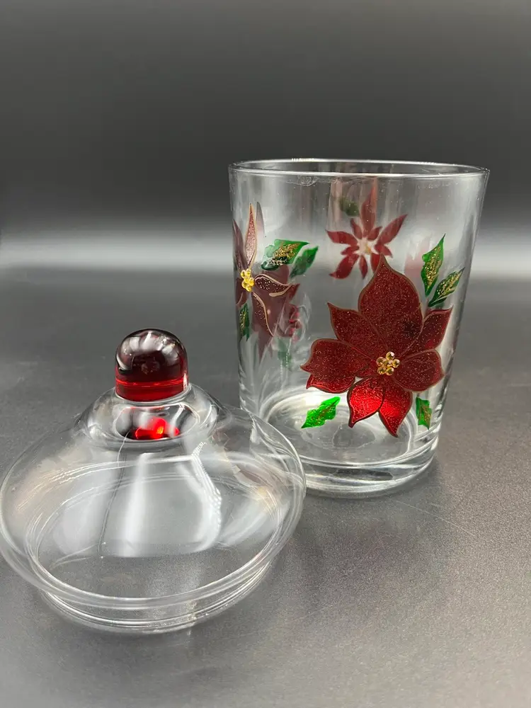 Clear Glass Poinsettia Christmas Canister
