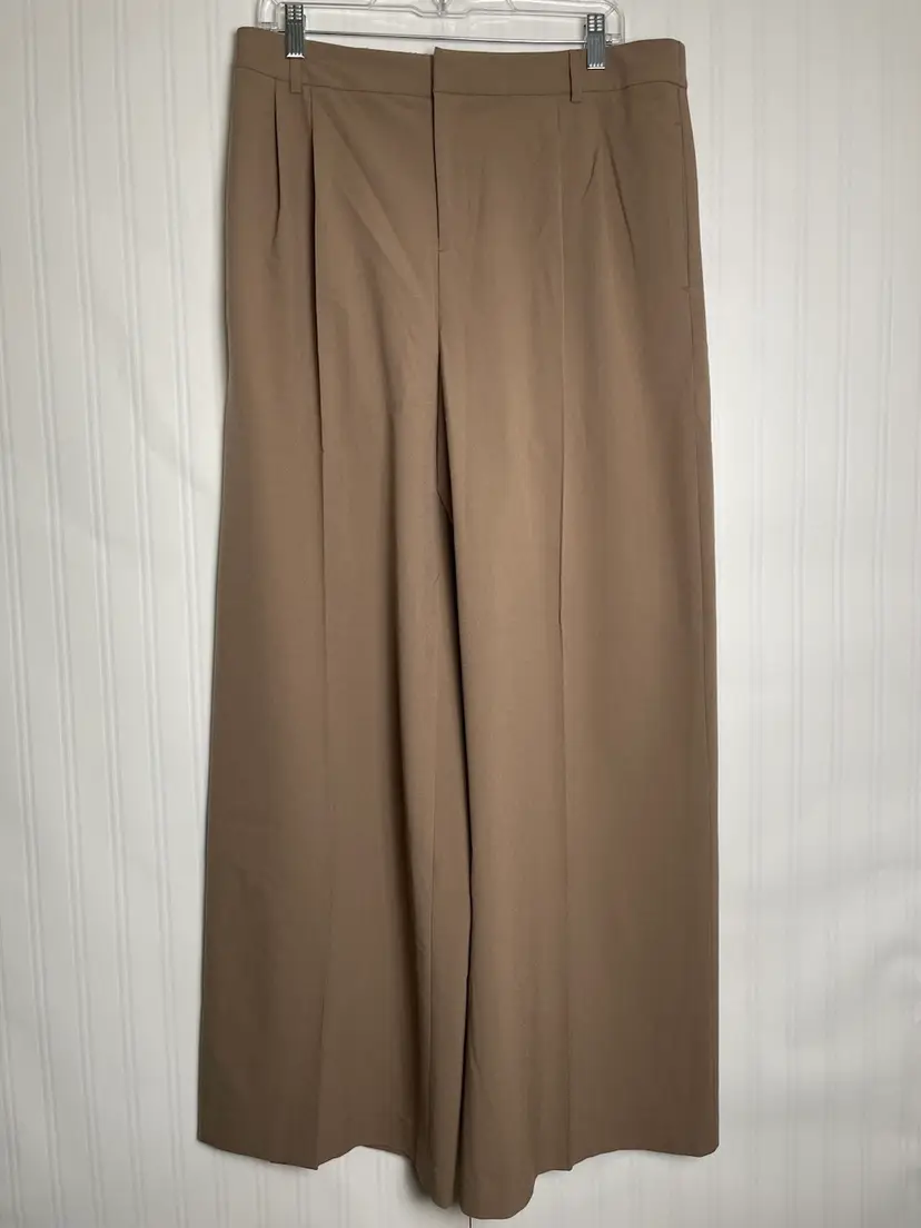 NWT Open Edit Palazzo Wide Leg Pants Elastic Waist Drawstring Tan L Quiet Luxury
