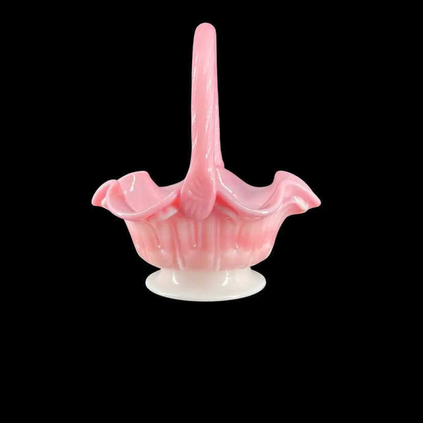 Vintage Fenton Basket Rosalene Pink White Ruffled Art Glass Twist Handle "Lambs Tongue" Pattern Signed Bill Fenton Fenton Mark