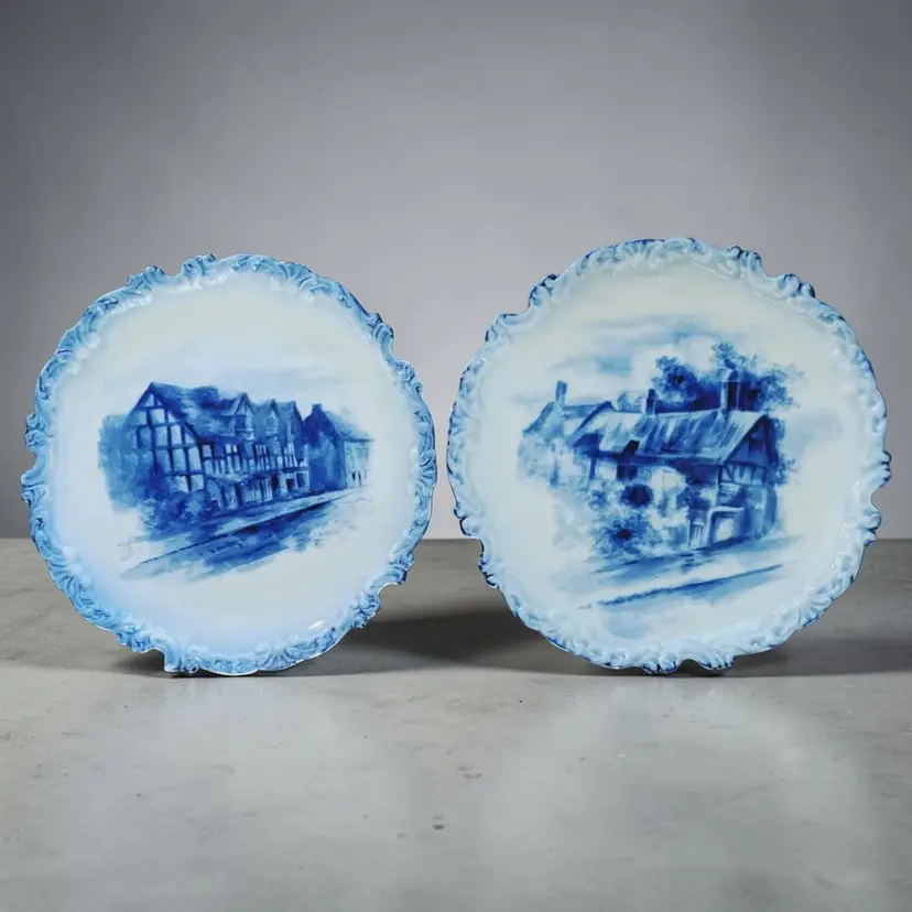 2 Antique Doulton Burslem Blue Shakespeare & Anne Hathaway's Cottage Plates READ