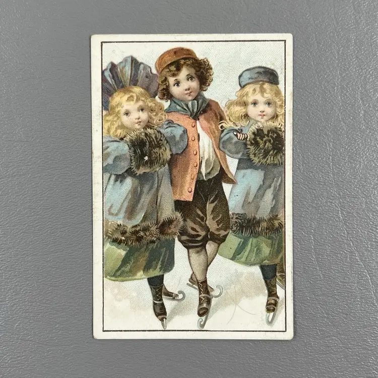 Victorian Trade Card Chicago Cottage Organs Chicago IL 3 Girls Ice Skating 4"