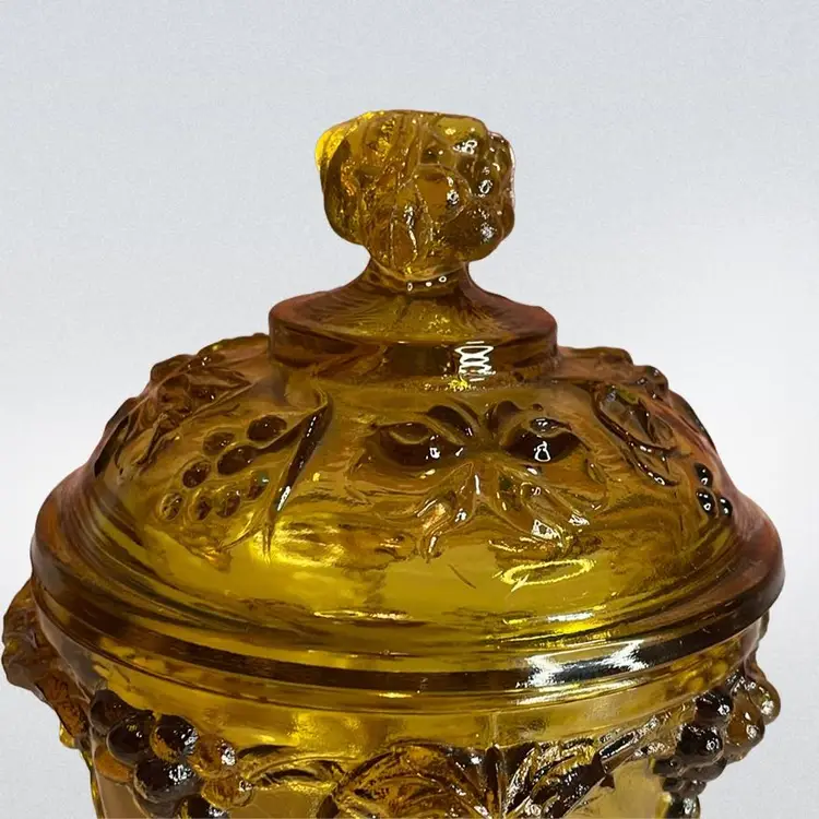 Vintage Jeanette Footed Amber Colored Glass Covered Jar