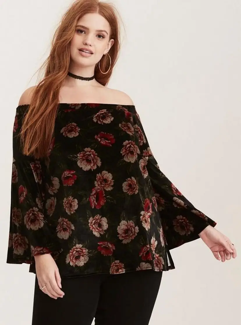 Torrid Velvet Black Floral Bell Sleeve Swing Top Womens L Fairycore Whimsygoth Off Shoulder