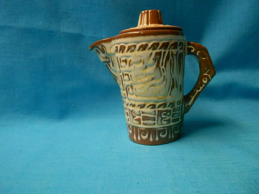 Vtg 7J Frankoma Pottery Mayan Aztec Lidded Teapot Pitcher Brown/Cream USA READ