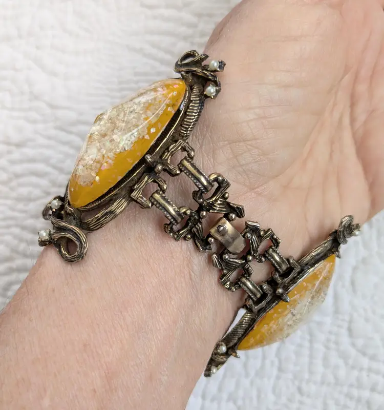 Vintage Bronze Tones Thermoset Bracelet with Opalescent Sparkles and Tiny Seed Pearls