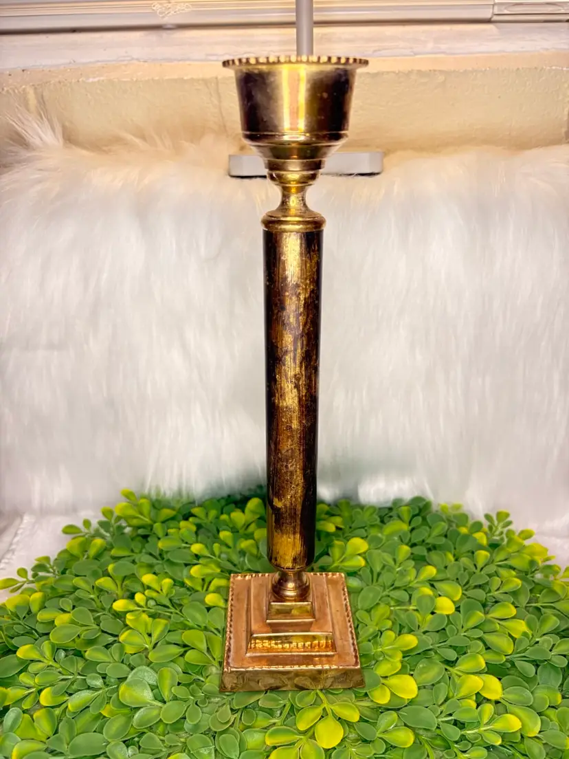 Vintage Brass & Faux Wood Column Candlestick With Square Base