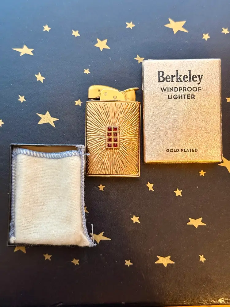 Vintage 1950’s Berkeley Gold-Plated Red Rhinestone Windproof Lighter w/ Original Box & Bag, Works