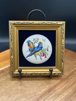 Framed Vintage English Staffordshire Ceramic Round Tile with Painted Birds, 5" x 5"