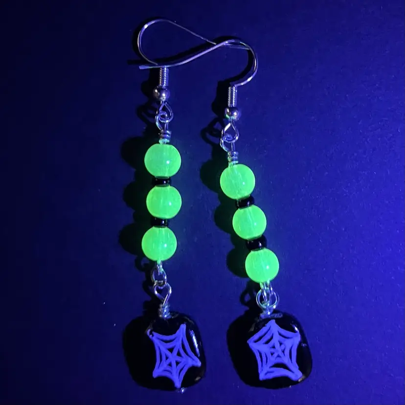 Handmade By Me- Halloween Spider And Web Glass Bead Dangle Earrings With UV Glow Beads, Hand Drawn Beads, Nickel Free