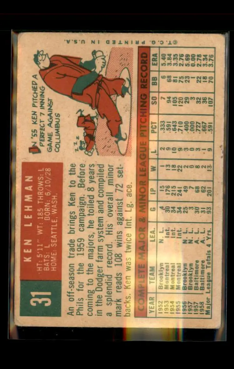 1959 Topps #31 Ken Lehman - (pk4) - Philadelphia Phillies