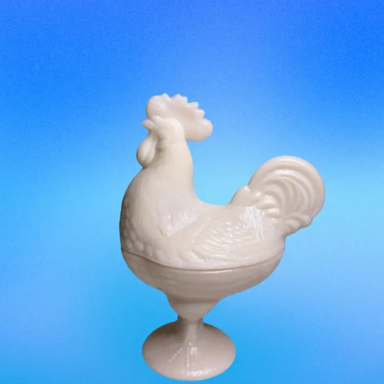 Vintage L.E. Smith Standing Rooster Candy/Trinket Dish Lidded Pink Milk Glass
9”T x 6-1/2” L x 4” W
