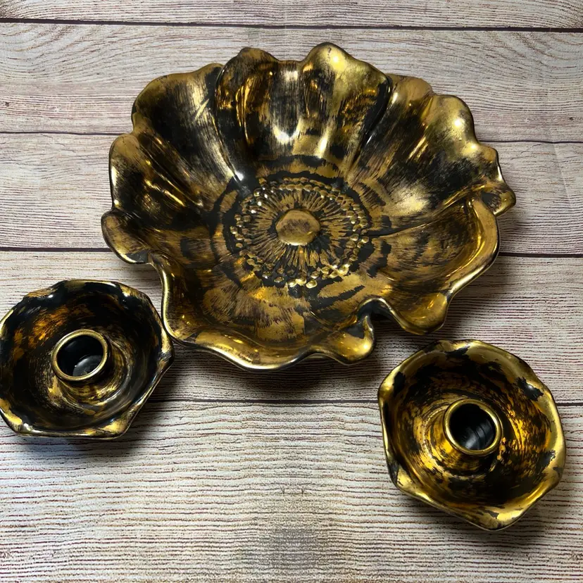 Stangyl Pottery Handpainted Black & Gold Floral Petal Design Bowl & Candlesticks