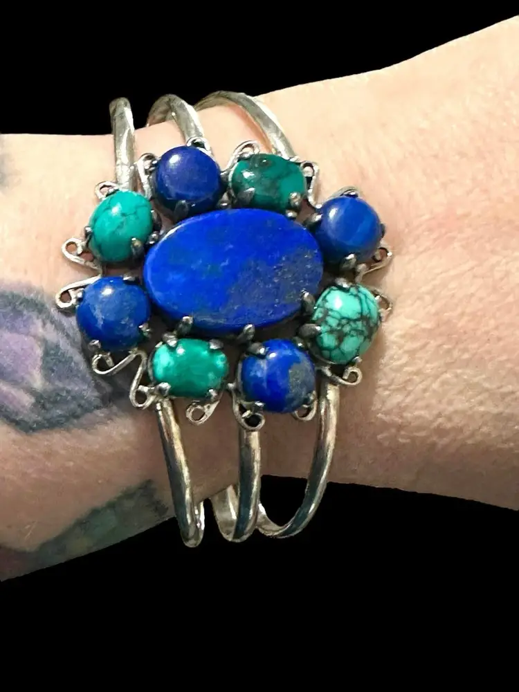 Lapis Lazuli & Tibetan Turquoise 925 Sterling Silver Cuff Bracelet, Large Setting - NWOT