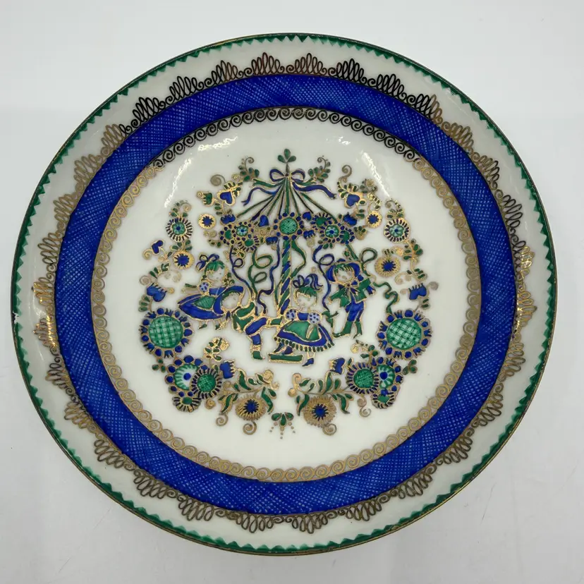 Vintage Austria Blue,green,white,gold Trinket Dish Children W Maypole 5.5”