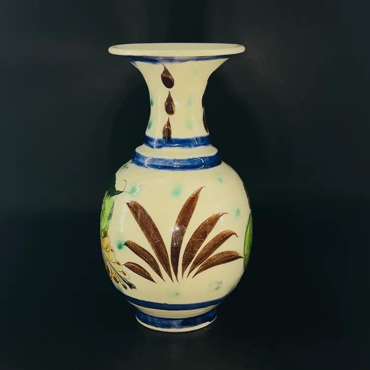 8” Vintage Tonala Pottery Vase Mexico Folk Art “Flor De Tonala” Design