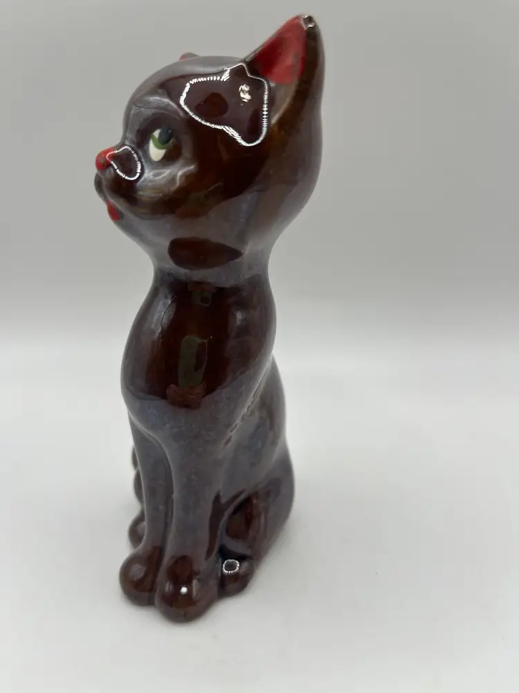 Vintage Redware Cat Figurine 5" Brown Glaze JAPAN