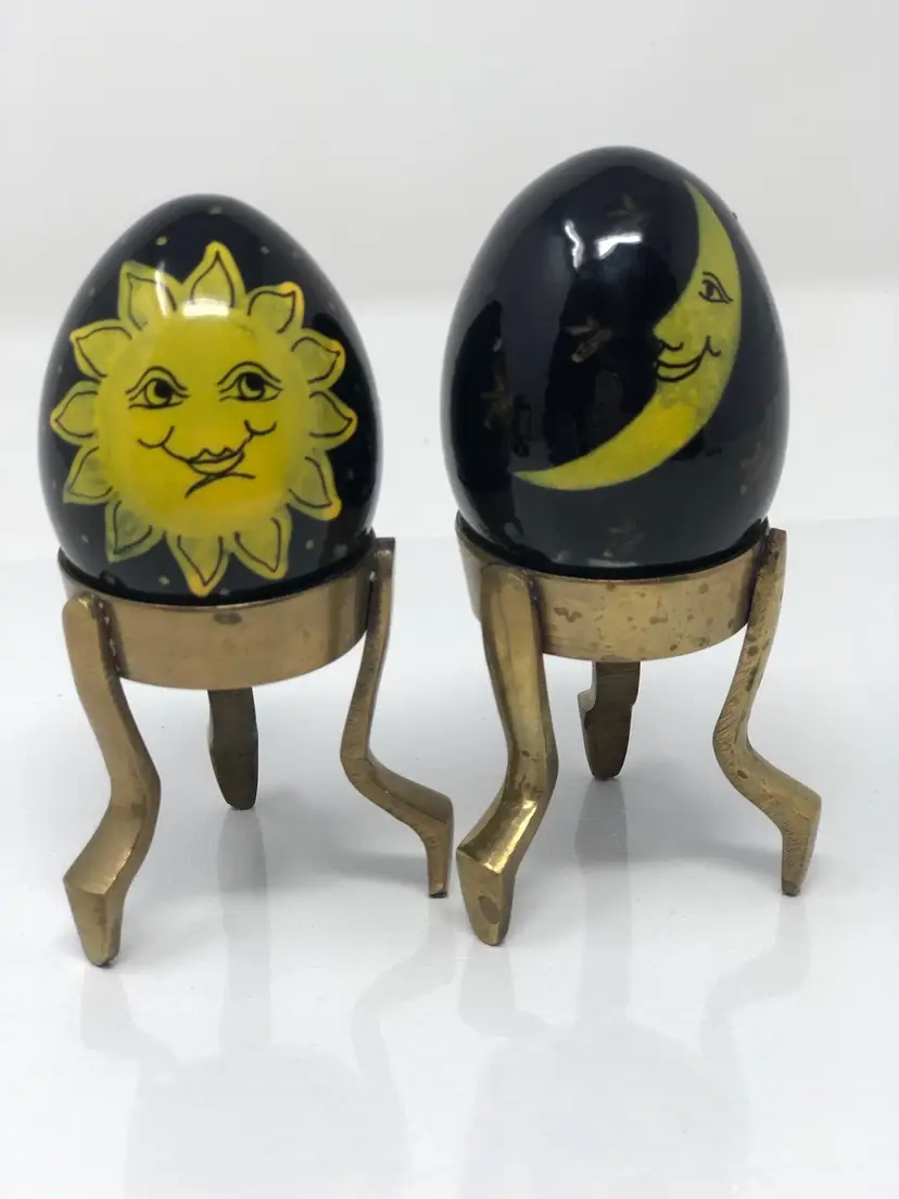 Italian Marble Eggs Hand Painted Sun and Moon Design Made in Italy with Brass Stands