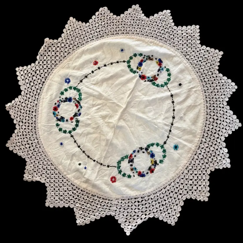 Vintage 39” Round Table Cloth Handmade, Hand Beaded Embroidered Flower Design