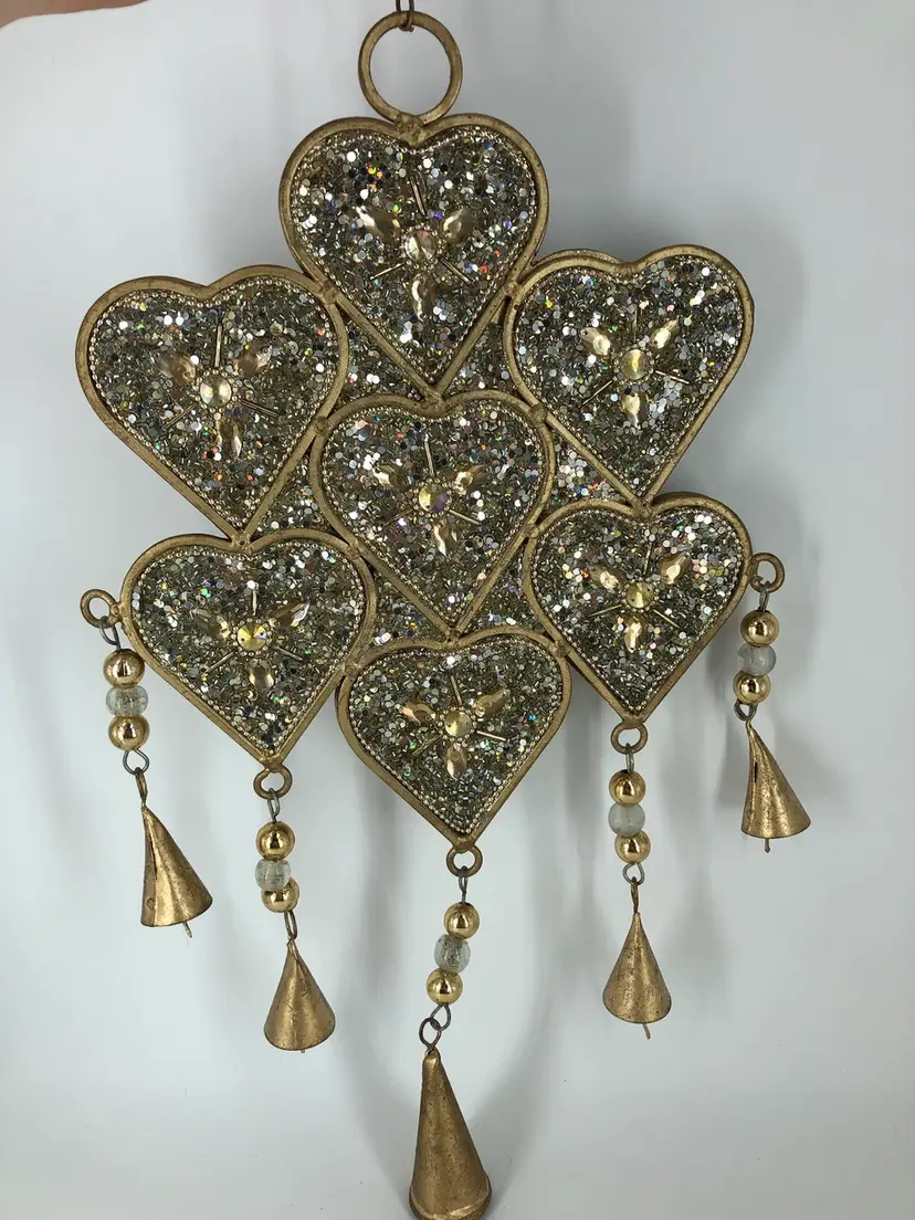 Beaded and Jeweled Gorgeous Gold-Tone Hearts Wall Decor Wind Chime