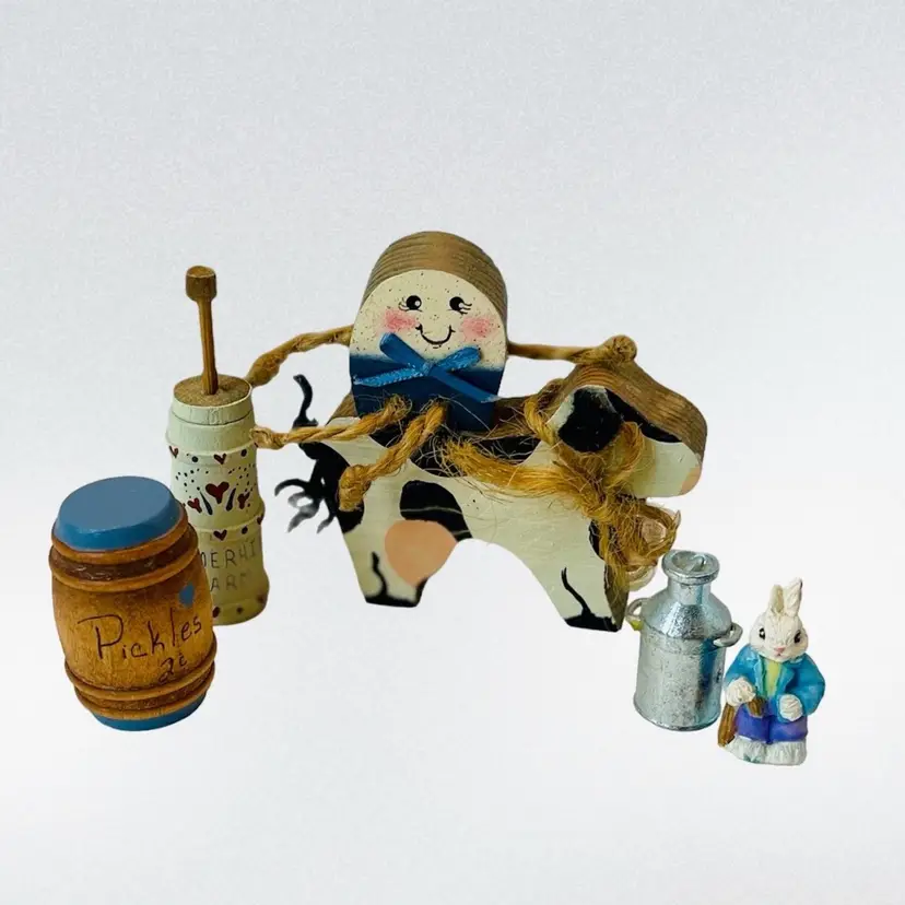 Miniature Country Shelf Decor Cow, Humpty Dumpy, Pickle Barrel, Butter Churn, Metal Milk Can, Resin Bunny Country Core