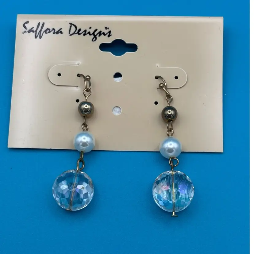 Saffora Designs Drop Earrings – Faux Pearl & Iridescent Crystal Beads, New on Card