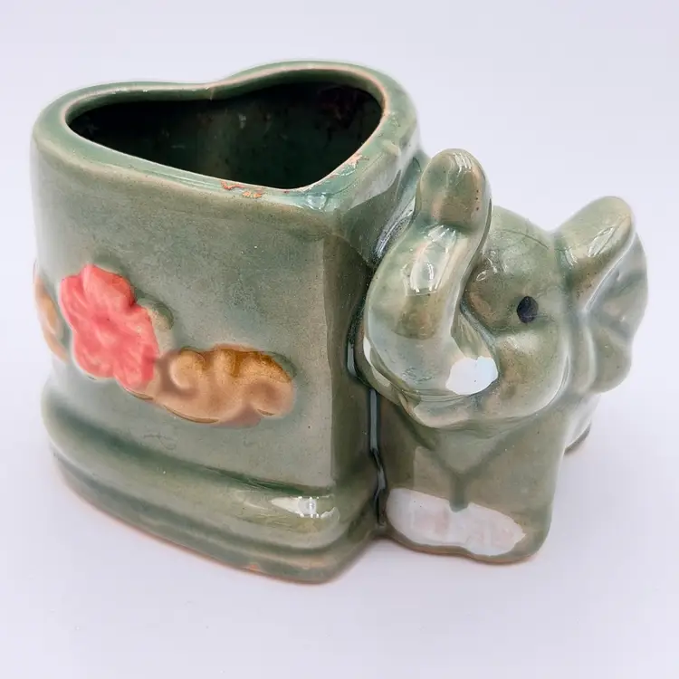 Little Green Ceramic Trunks Up Elephant Vintage Heart Planter