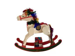 Vintage White Wooden Rocking Horse Rainbow Mane And Tail Christmas Decor 9x10