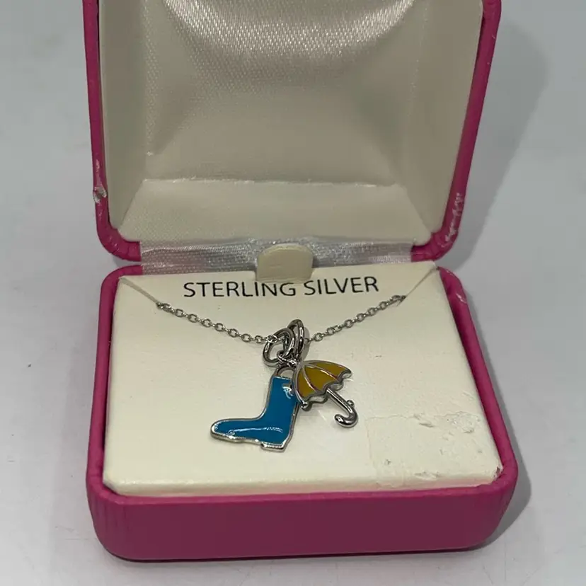 Sterling silver boot and umbrella, 14 inch necklace