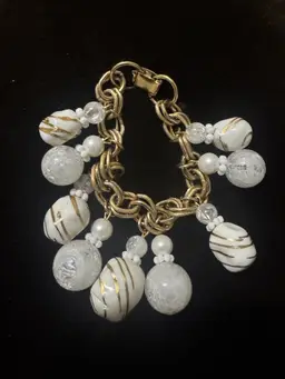Vintage gold and white bead charm bracelet