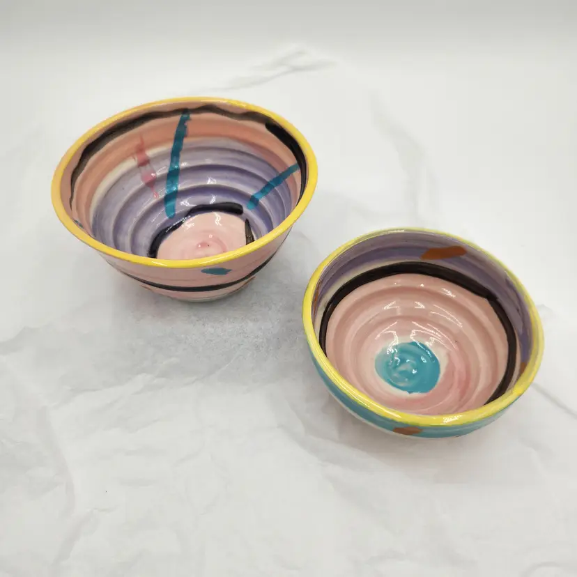 Two Colorful Abstract Fantasy Clay Pots 5 1/2" & 4 7/8" By Pat Schneider Signed