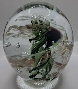 Vintage Robert Hamon, Controlled Bubble Copper Aventurine, Greens & White Swirl Structure Domed Paperweight