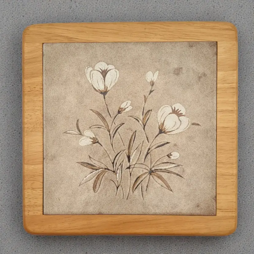 Vtg White Floral Ceramic Tile and Golden Wood Cutting Board Tray Server Trivet