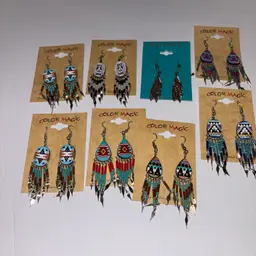 Southwestern Earrings Lot of 8  Long Dangle Beaded Aztec Boho Surgical Steel NEW