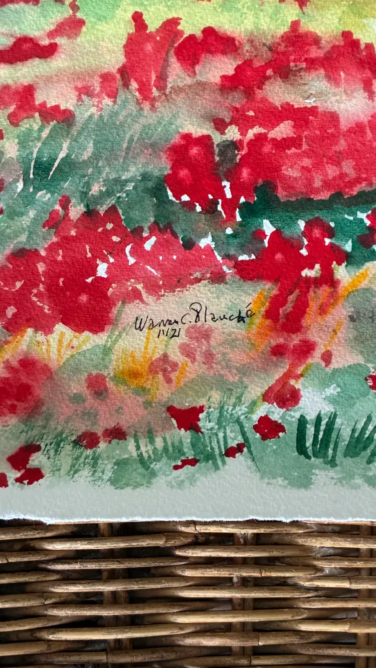 Warren C Plauche Poppy Fields Signed Original Watercolor Painting 11x15 Art