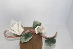 Vintage Unmarked Bisque Capodimonte Like Roses on Branch With Leaves Sculpture