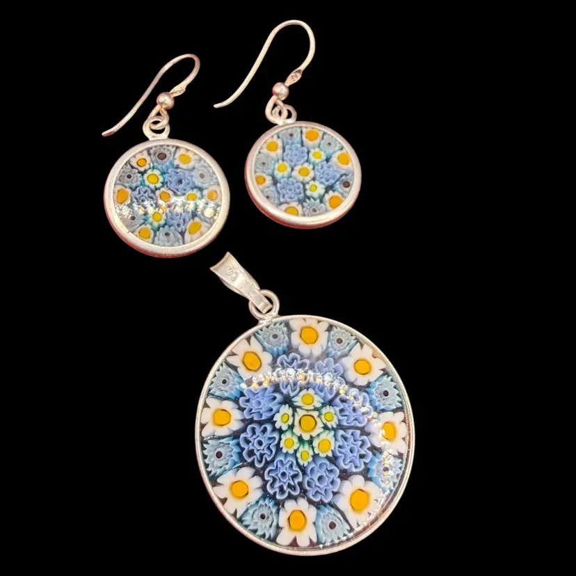 sterling silver Murano glass millefiori jewelry- pendant and matching dangle earrings.